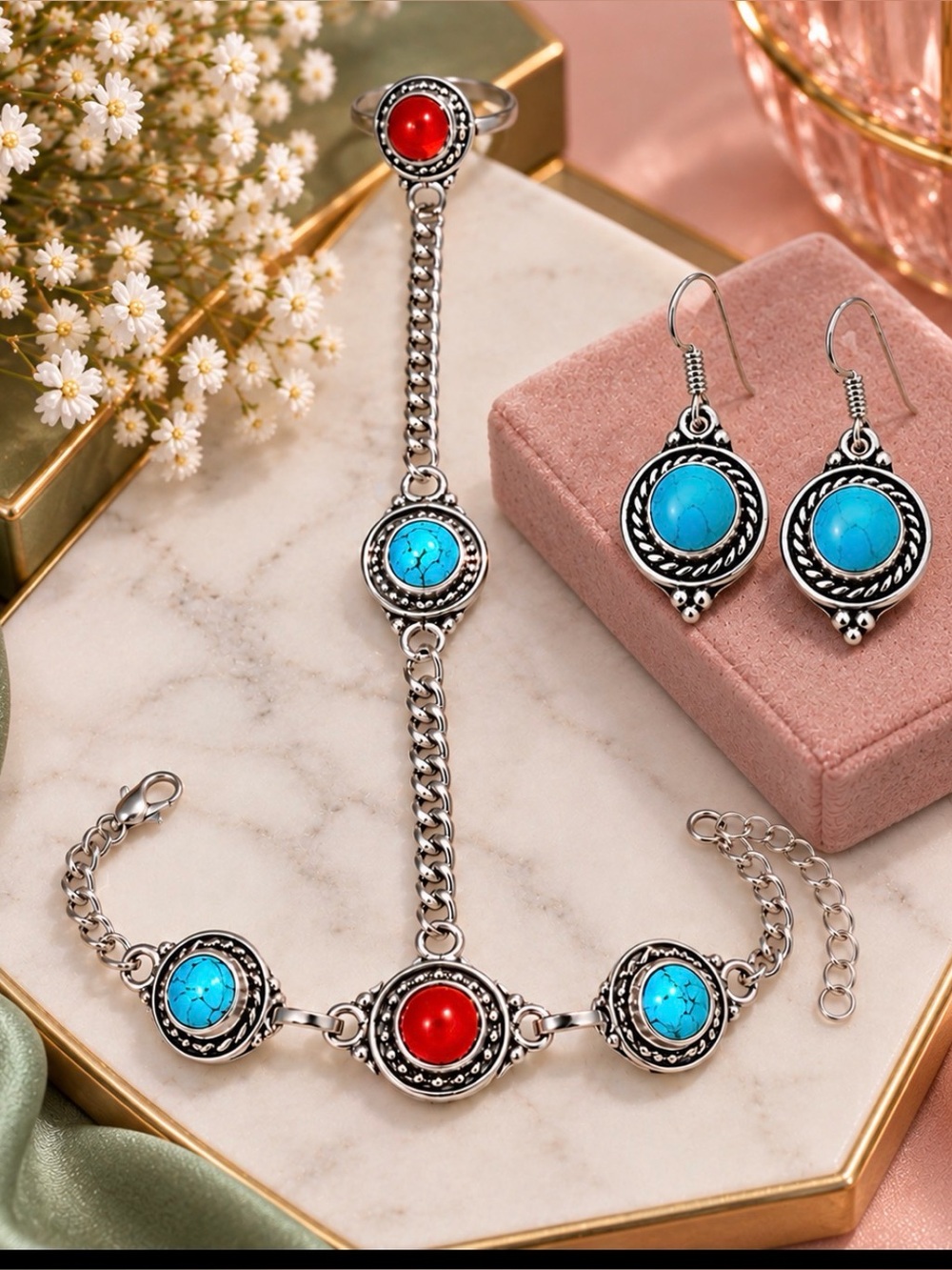 Boho 925 Silver-Plated Turquoise & Red Stone Bracelet and Earring Set